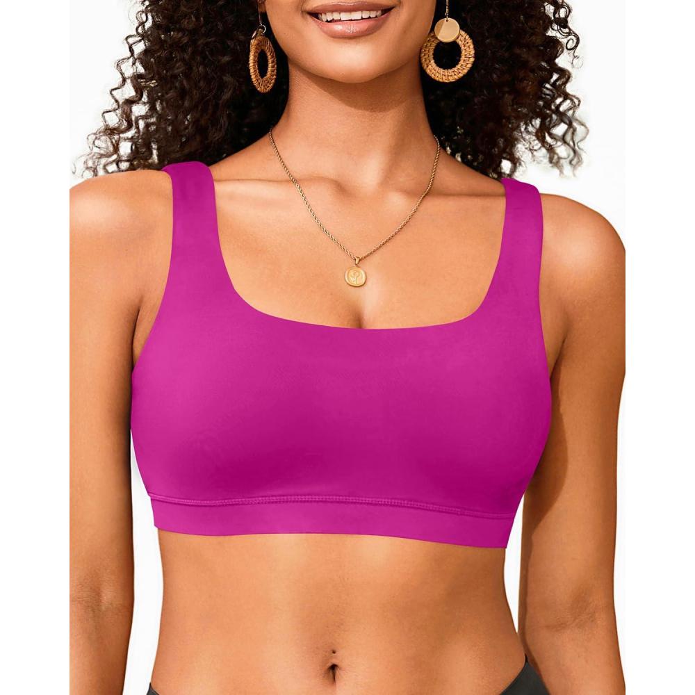 imageWomen Sport Bra Swimsuit Top  Swim Bra Bikini Top Only Scoop Neck Bathing Suit 2025 SwimwearPurple Pink