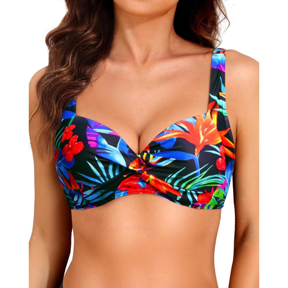imageWomen Underwire Bikini Top  2025 Push Up Swimsuit Tops Padded Bra Bathing SuitColorful Blue Leaves