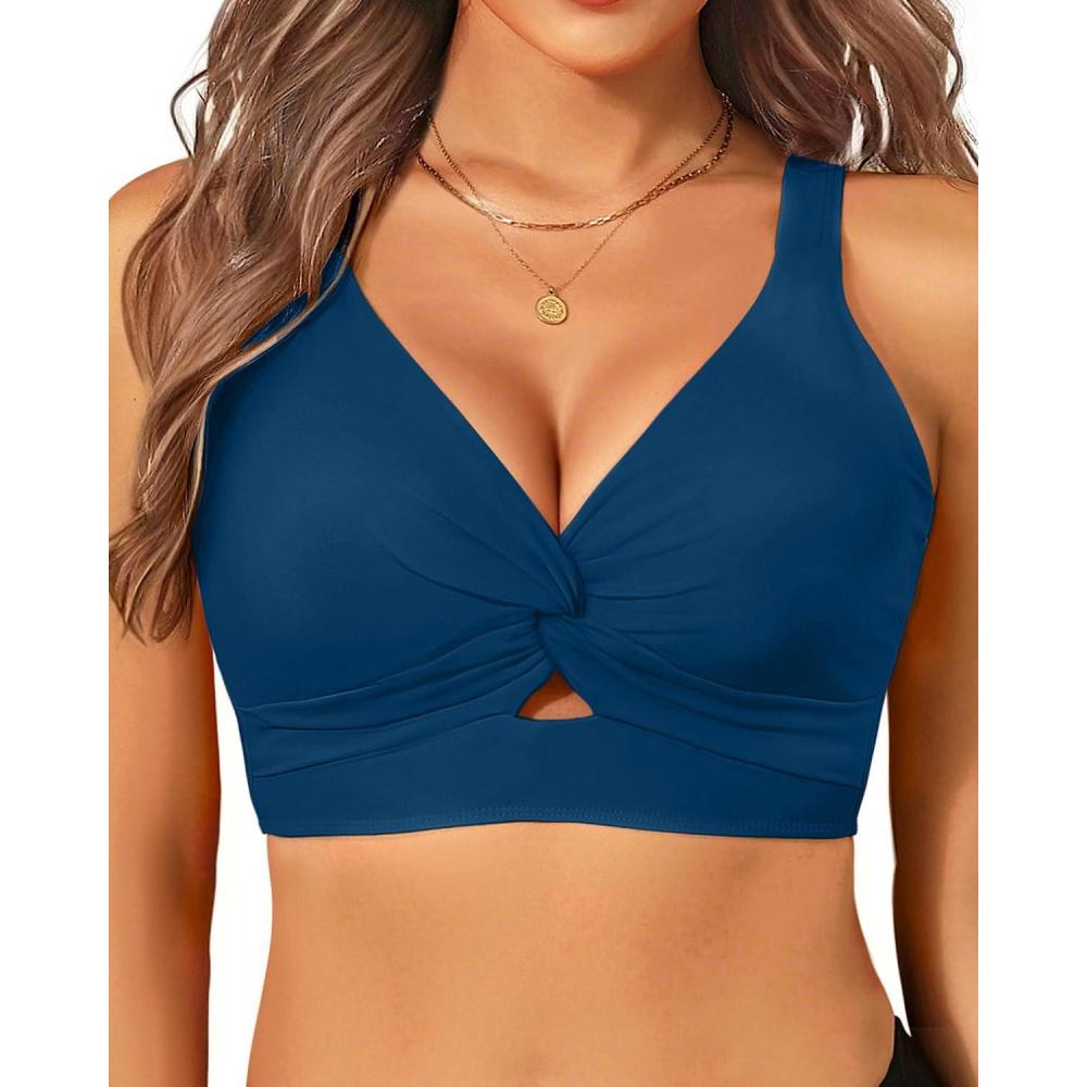 imageWomens Bikini Top  Supportive Swimsuit for Large Bust  2025 Cut Out Twist Swim TopClassic Blue