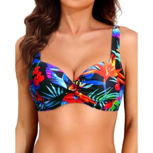 imageWomen Underwire Bikini Top  2025 Push Up Swimsuit Tops Padded Bra Bathing SuitColorful Blue Leaves