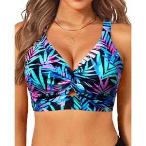 imageWomens Bikini Top  Supportive Swimsuit for Large Bust  2025 Cut Out Twist Swim TopBlack and Blue Leaves