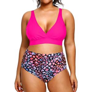 imageYonique Womens Plus Size Bikini High Waisted Swimsuits Two Piece Bathing Suits Tummy Control SwimwearColorful Leopard