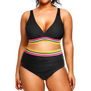 imageYonique Womens Plus Size Bikini High Waisted Swimsuits Two Piece Bathing Suits Tummy Control SwimwearRainbow Webbing
