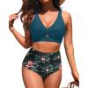 imageWomen High Waisted Bikini Sets  Two Piece Tummy Control Swimsuits Cut Out Twist Bathing Suits 2025 SwimwearTeal and Floral