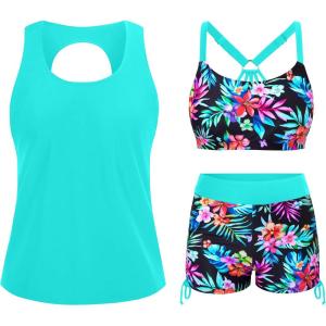 imageYonique 3 Piece Womens Tankini Swimsuits with Shorts Athletic Bathing Suits Tank Tops with Bra and BoyshortsAqua Colorful Floral