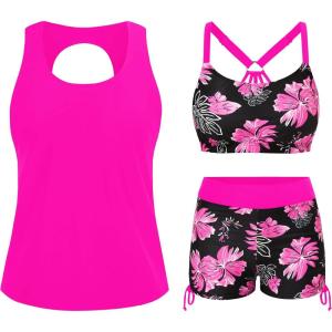 imageYonique 3 Piece Womens Tankini Swimsuits with Shorts Athletic Bathing Suits Tank Tops with Bra and BoyshortsPink Floral