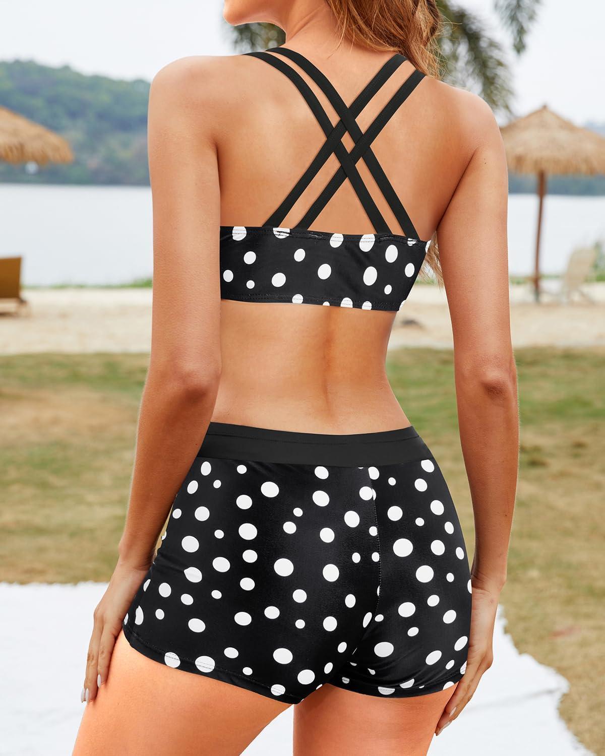 imageYonique 3 Piece Tankini Swimsuits for Women Bathing Suits with Boy Shorts and Swim Tank Top Bra Modest SwimwearBlack and White Dot