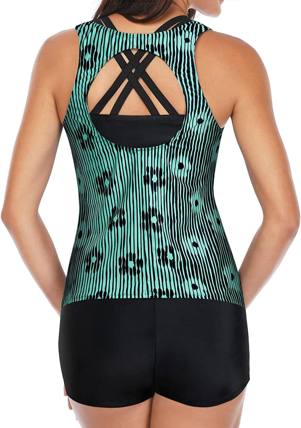 imageYonique 3 Piece Tankini Swimsuits for Women Bathing Suits with Boy Shorts and Swim Tank Top Bra Modest SwimwearBlue Green Striped Floral