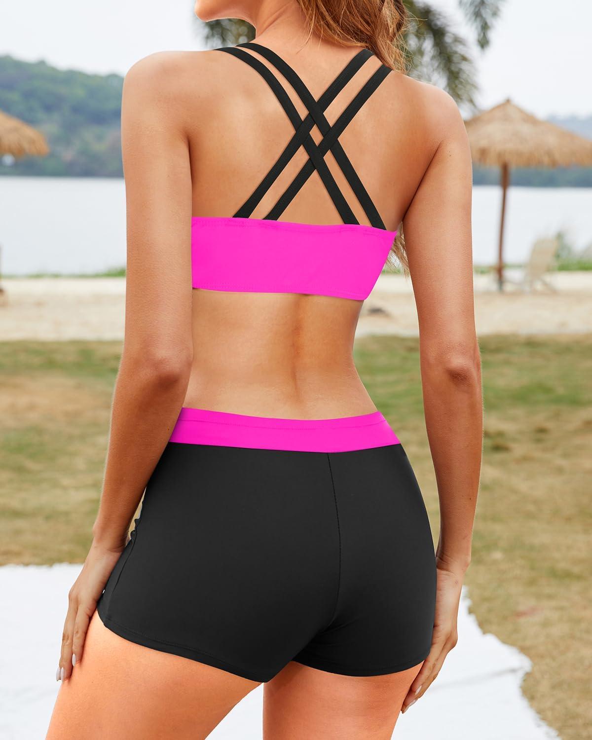 imageYonique 3 Piece Tankini Swimsuits for Women Bathing Suits with Boy Shorts and Swim Tank Top Bra Modest SwimwearLight Pink