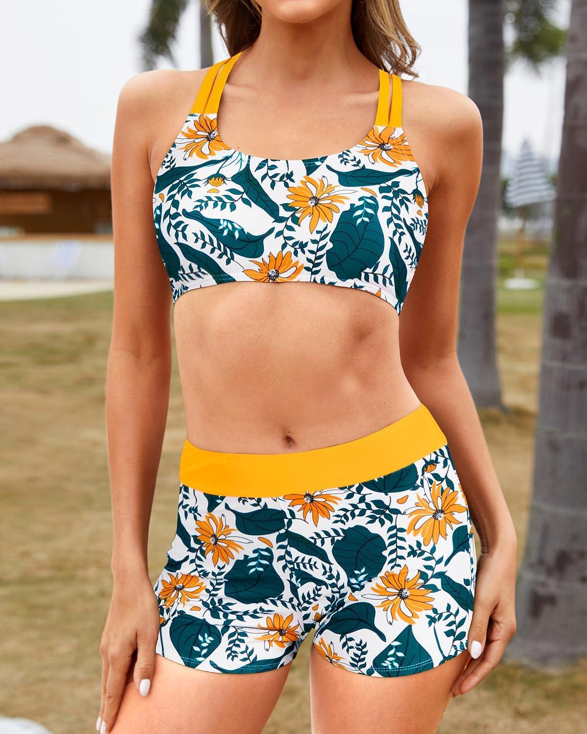 imageYonique 3 Piece Tankini Swimsuits for Women Bathing Suits with Boy Shorts and Swim Tank Top Bra Modest SwimwearOrange Yellow