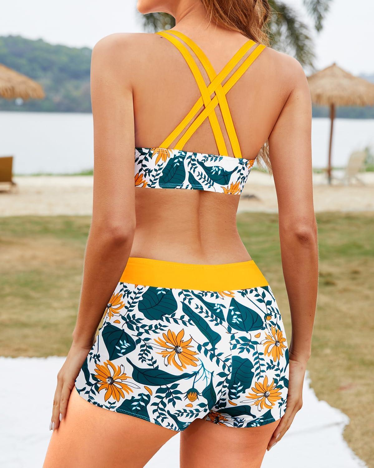 imageYonique 3 Piece Tankini Swimsuits for Women Bathing Suits with Boy Shorts and Swim Tank Top Bra Modest SwimwearOrange Yellow