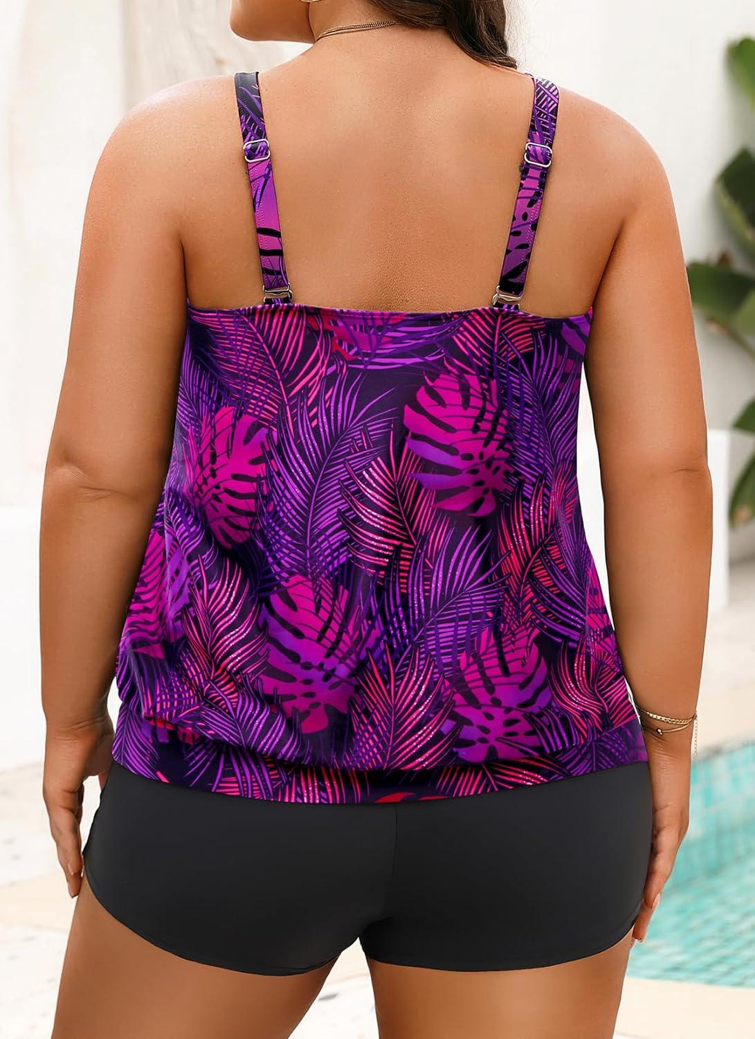 imageYonique Plus Size Tankini Swimsuits for Women Blouson Tankini Tops with Swim Shorts Two Piece Bathing SuitsPurple Leaves