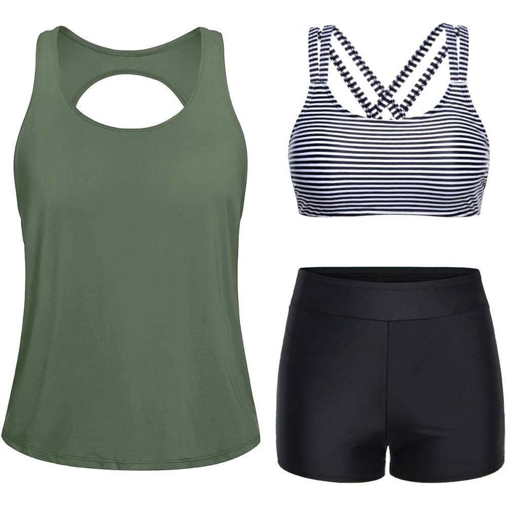 imageYonique 3 Piece Tankini Swimsuits for Women Bathing Suits with Boy Shorts and Swim Tank Top Bra Modest SwimwearArmy Green