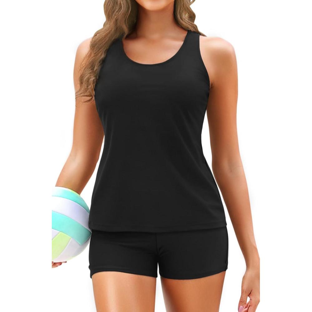 imageYonique 3 Piece Tankini Swimsuits for Women Bathing Suits with Boy Shorts and Swim Tank Top Bra Modest SwimwearBlack 02