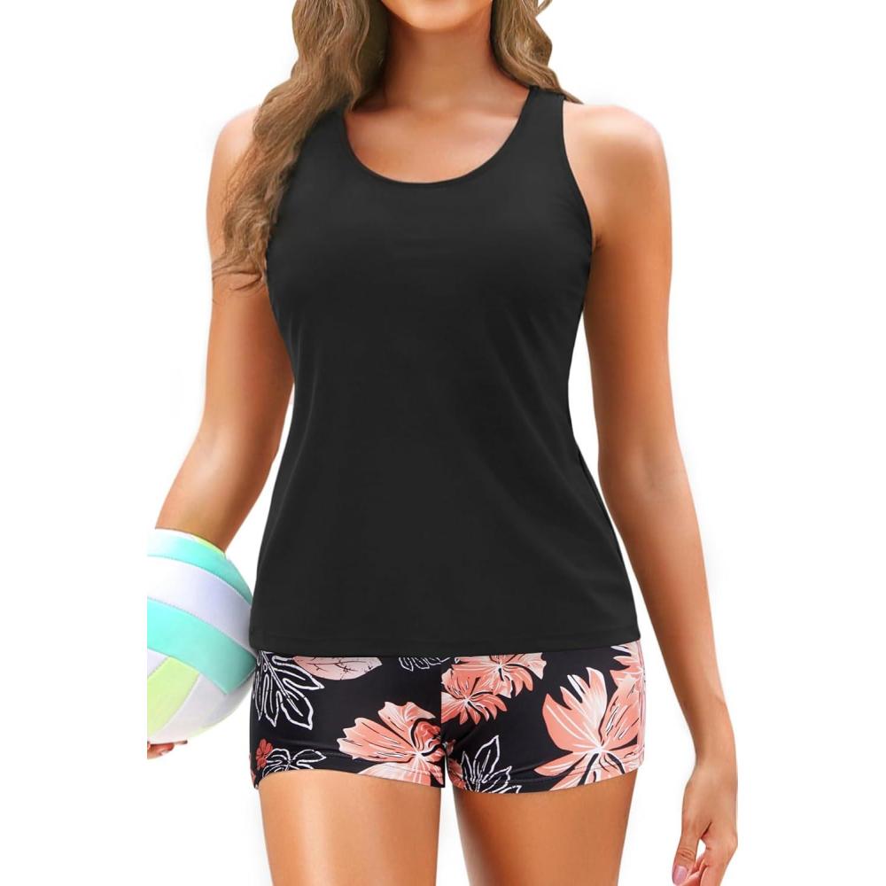 imageYonique 3 Piece Tankini Swimsuits for Women Bathing Suits with Boy Shorts and Swim Tank Top Bra Modest SwimwearBlack and Orange