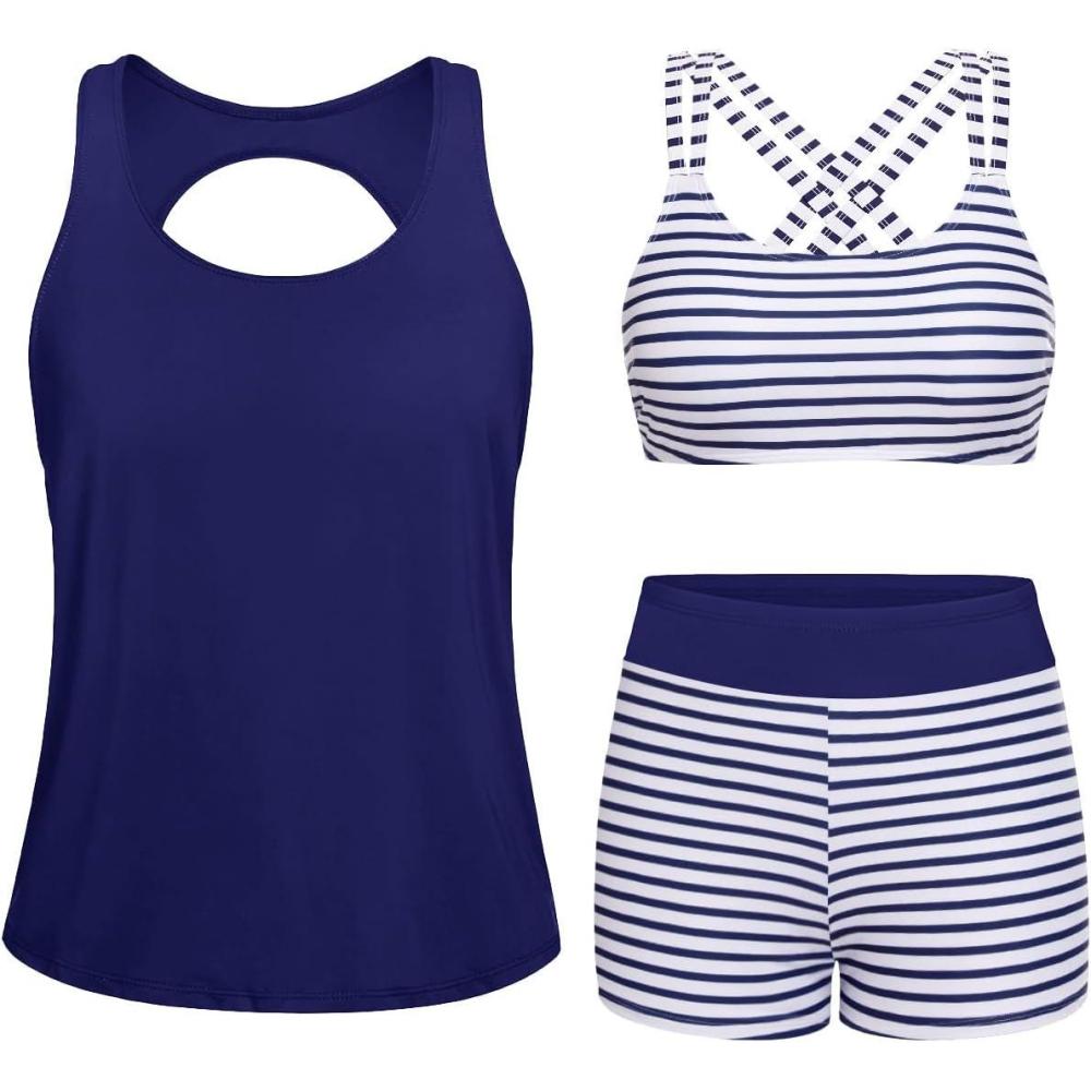 imageYonique 3 Piece Tankini Swimsuits for Women Bathing Suits with Boy Shorts and Swim Tank Top Bra Modest SwimwearBlue Striped