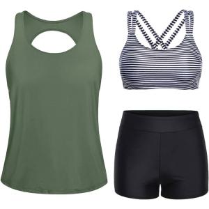 imageYonique 3 Piece Tankini Swimsuits for Women Bathing Suits with Boy Shorts and Swim Tank Top Bra Modest SwimwearArmy Green