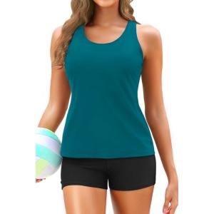 imageYonique 3 Piece Tankini Swimsuits for Women Bathing Suits with Boy Shorts and Swim Tank Top Bra Modest SwimwearBluegreen Geometric