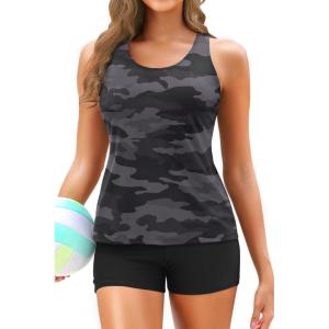 imageYonique 3 Piece Tankini Swimsuits for Women Bathing Suits with Boy Shorts and Swim Tank Top Bra Modest SwimwearCamo