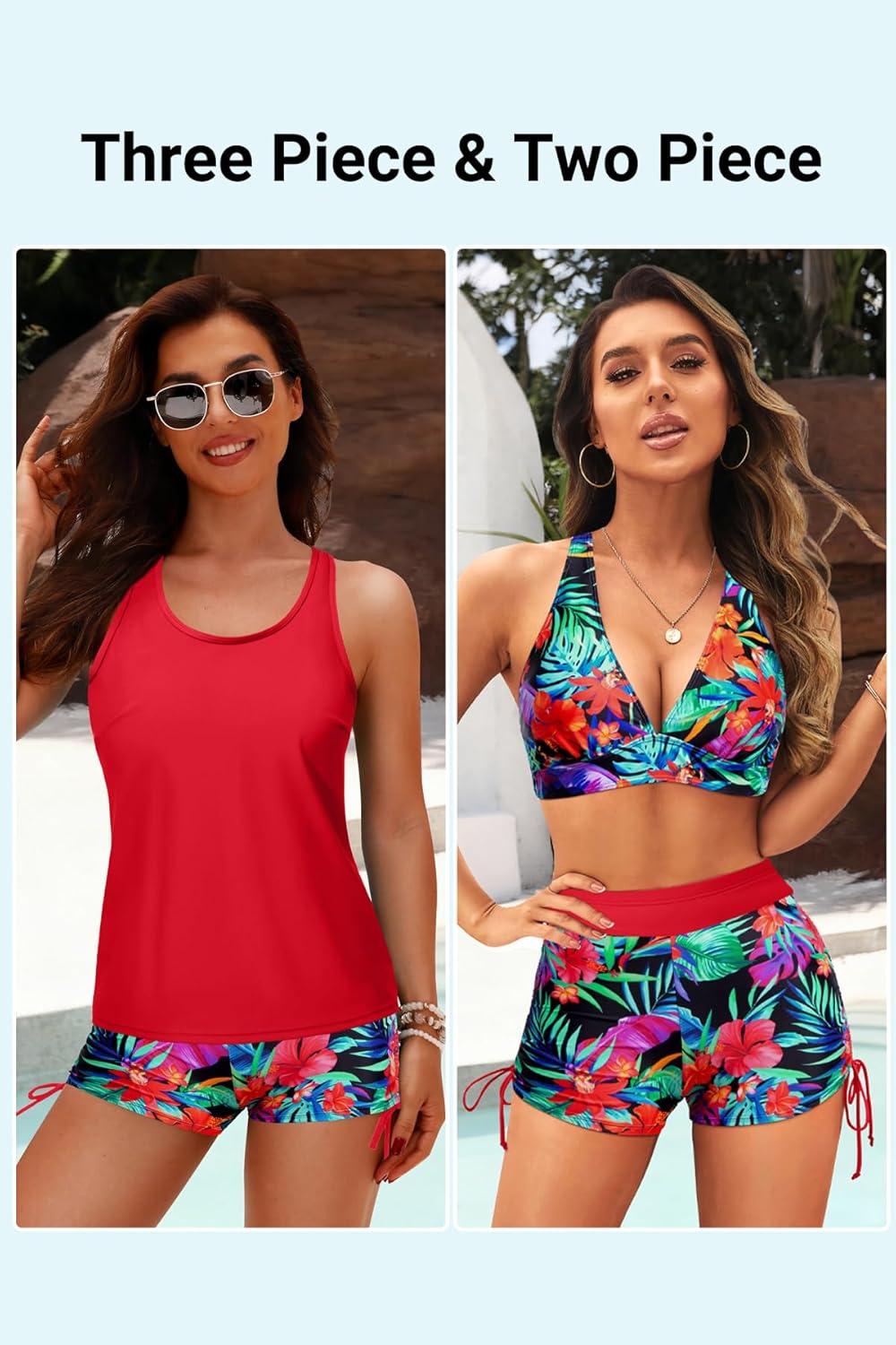 imageYonique 3 Piece Tankini Swimsuits for Women Swim Tank Top Bathing Suits with Boy Shorts and Bra Athletic SwimwearRed Floral 01