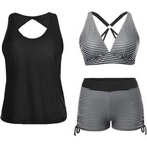 imageYonique 3 Piece Tankini Swimsuits for Women Swim Tank Top Bathing Suits with Boy Shorts and Bra Athletic SwimwearBlack Striped
