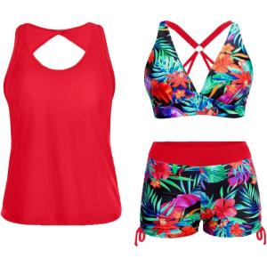 imageYonique 3 Piece Tankini Swimsuits for Women Swim Tank Top Bathing Suits with Boy Shorts and Bra Athletic SwimwearRed Floral 01