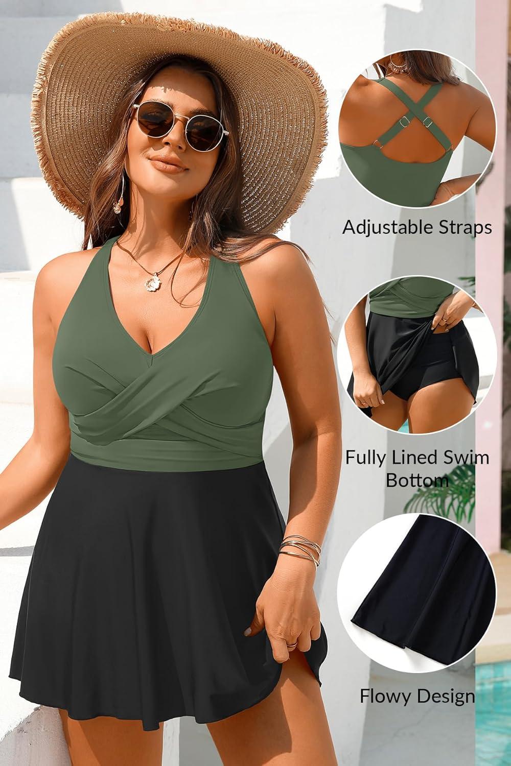 imagePlus Size Tankini Swimsuit  Two Piece Swimsuit Dress Tummy Control Swimwear 2025 Cross Back Bathing SuitOlive Green