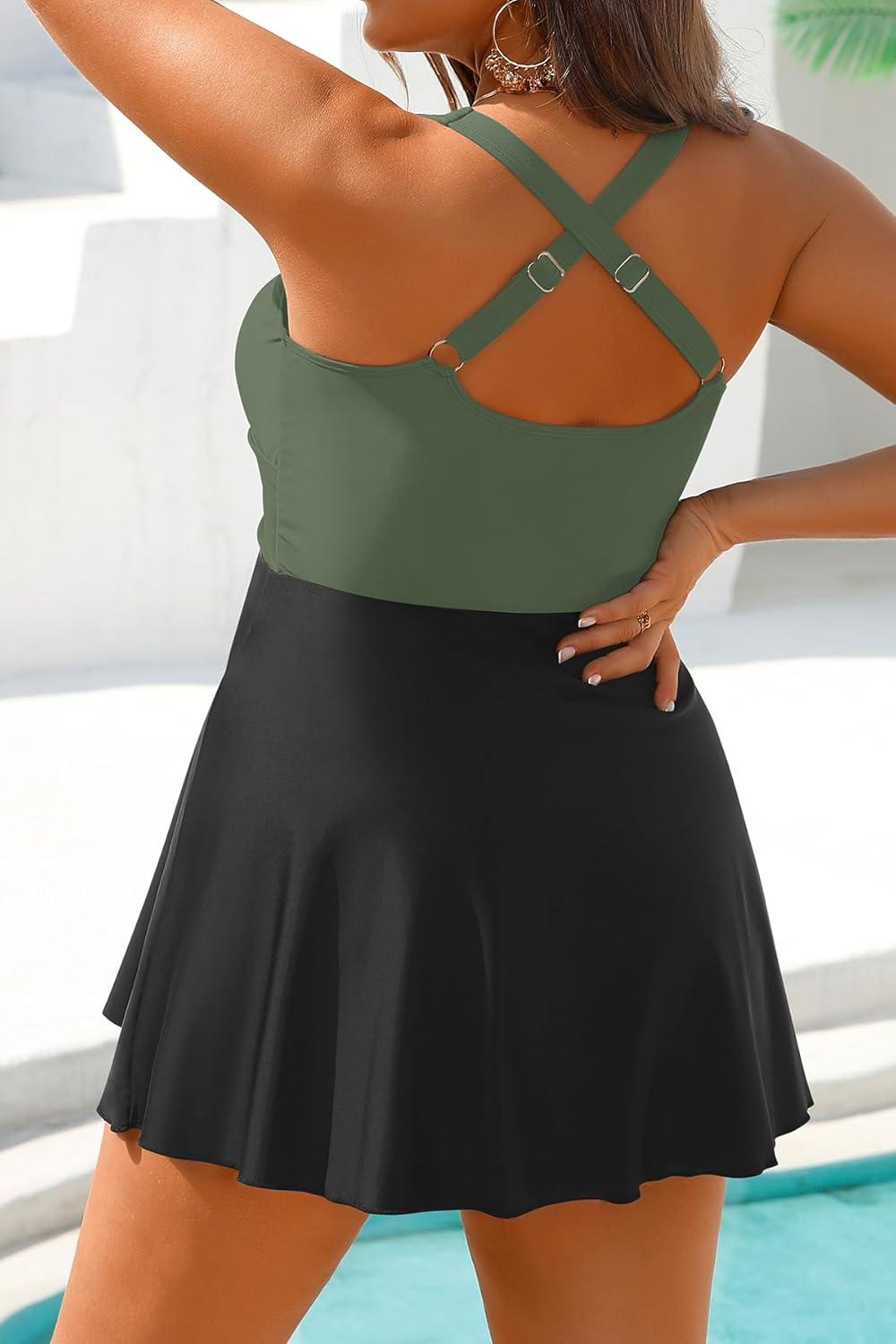 imagePlus Size Tankini Swimsuit  Two Piece Swimsuit Dress Tummy Control Swimwear 2025 Cross Back Bathing SuitOlive Green