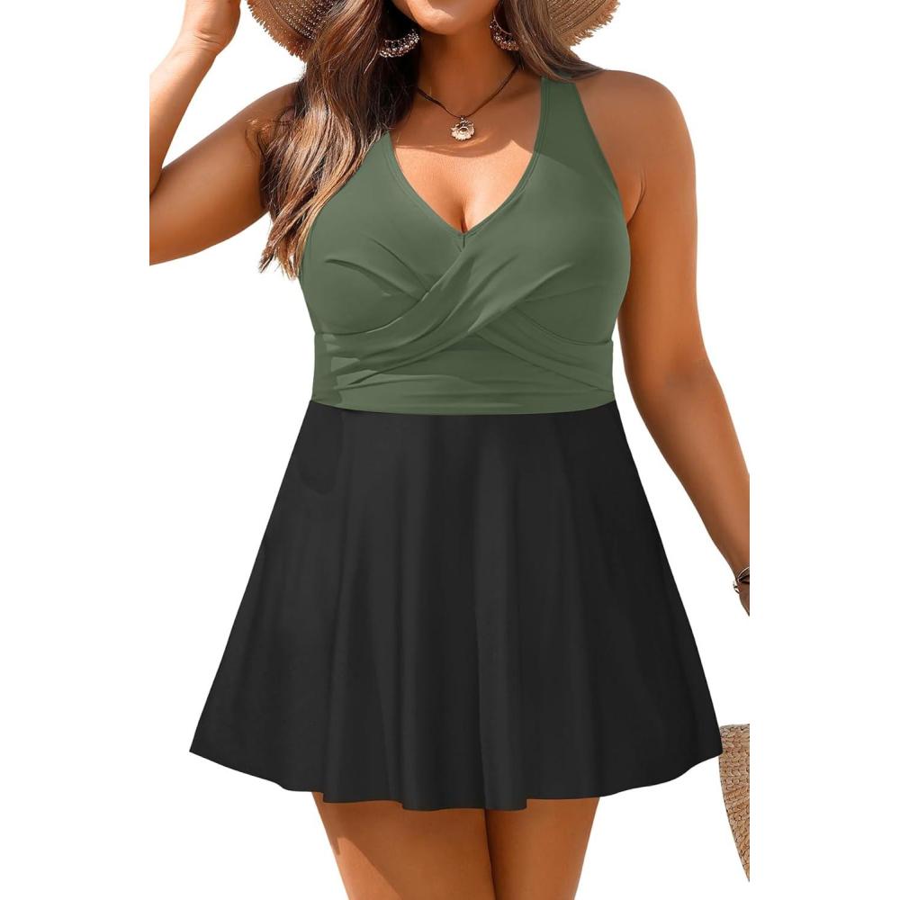 imagePlus Size Tankini Swimsuit  Two Piece Swimsuit Dress Tummy Control Swimwear 2025 Cross Back Bathing SuitOlive Green
