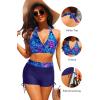 imageYonique Women Bikini Set with Swim Shorts 2 Piece Swimsuit with Boyshorts Halter High Waisted Bathing SuitBlue Purple Leaves