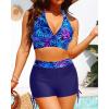 imageYonique Women Bikini Set with Swim Shorts 2 Piece Swimsuit with Boyshorts Halter High Waisted Bathing SuitBlue Purple Leaves