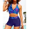 imageYonique Women Bikini Set with Swim Shorts 2 Piece Swimsuit with Boyshorts Halter High Waisted Bathing SuitBlue Purple Leaves