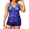 imageYonique Womens Plus Size Swimsuits with Shorts Tummy Control Tankini Two Piece Bathing Suits Athletic SwimwearBlue Purple Leaves