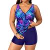 imageYonique Womens Plus Size Swimsuits with Shorts Tummy Control Tankini Two Piece Bathing Suits Athletic SwimwearBlue Purple Leaves