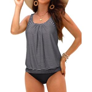 imageYonique Blouson Tankini Swimsuits for Women Loose Fit Modest Two Piece Bathing SuitsBlack Striped