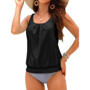 imageYonique Womens Blouson Tankini Swimsuits Two Piece Strappy Bathing Suit Tops with Shorts Criss Cross SwimwearBlack Striped