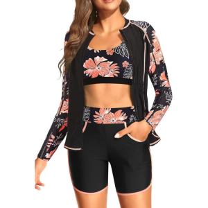 imageWomen 3 Piece Rash Guard  Long Sleeve Swimsuit Built in Bra Swim Shirt Zip Bathing Suit with Pocket ShortsOrange Floral