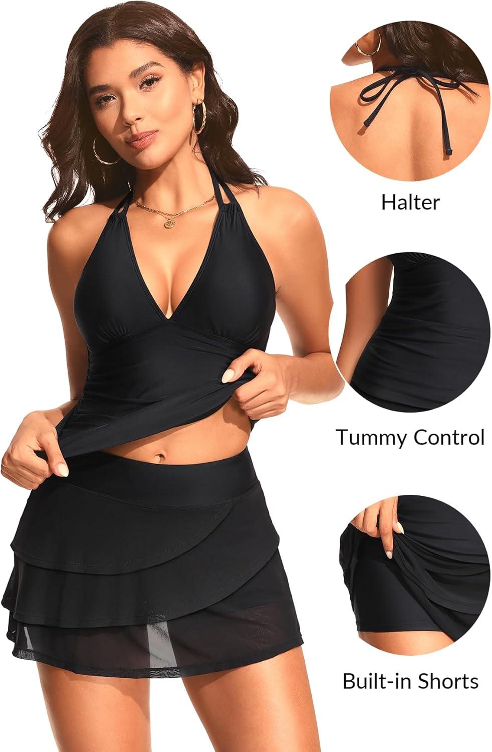 imageTankini with Skirt  Two Piece Swimsuit Tummy Control Bathing Suit Halter Swimwear Ruffle Layered Swim Skirt 2026Black