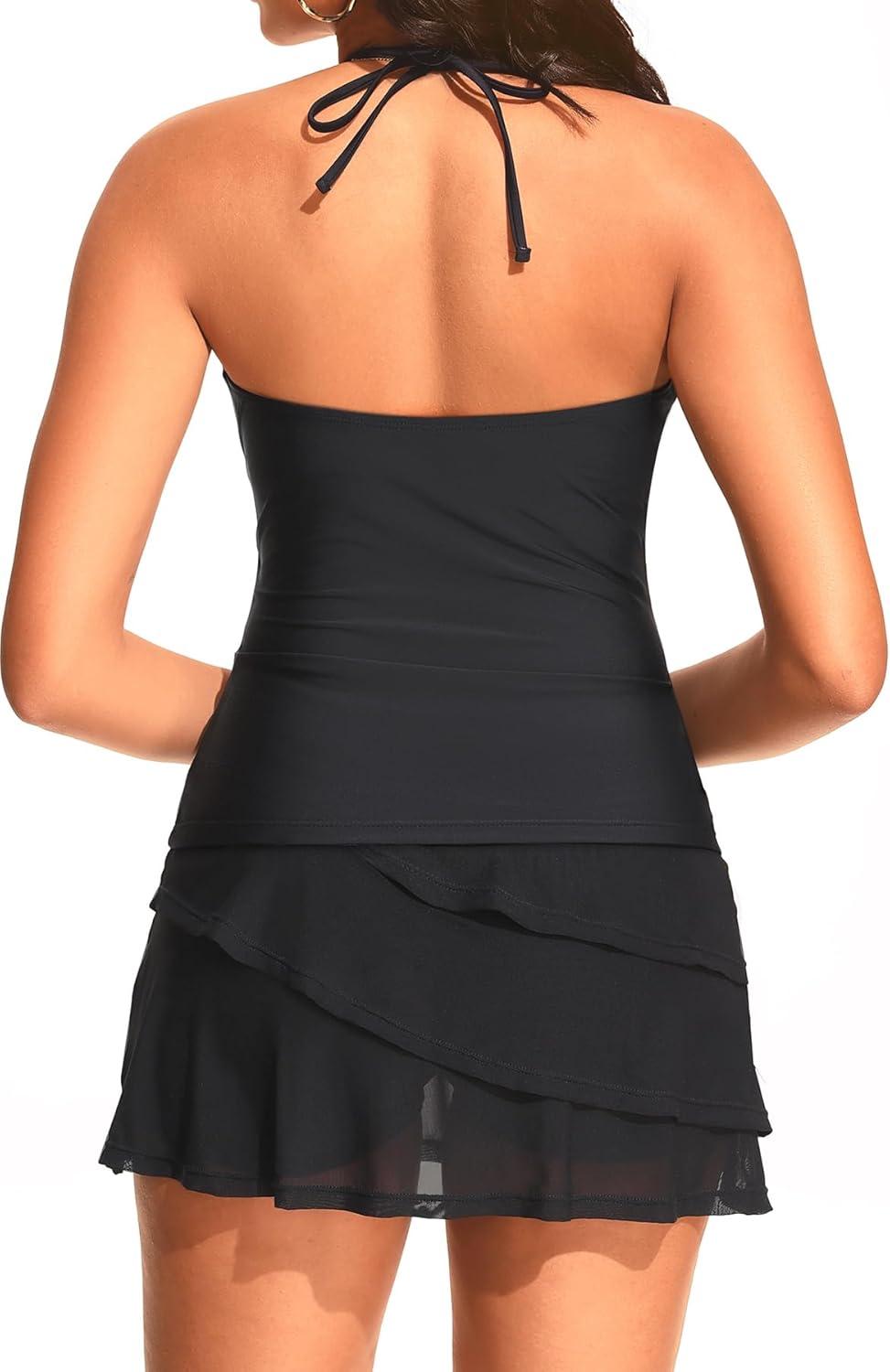 imageTankini with Skirt  Two Piece Swimsuit Tummy Control Bathing Suit Halter Swimwear Ruffle Layered Swim Skirt 2026Black