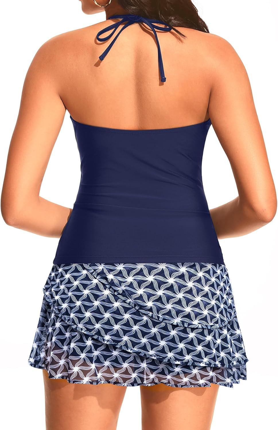 imageTankini with Skirt  Two Piece Swimsuit Tummy Control Bathing Suit Halter Swimwear Ruffle Layered Swim Skirt 2026Navy Geometric