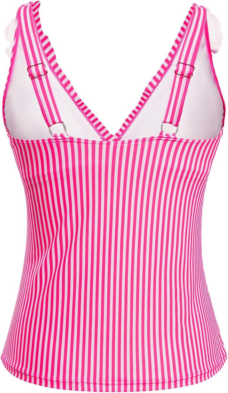 imageYonique Womens Tankini Top Only Tummy Control Bathing Suit Top Ruffle Swimsuit Top V Neck Swim Tank Top No BottomPink White Striped
