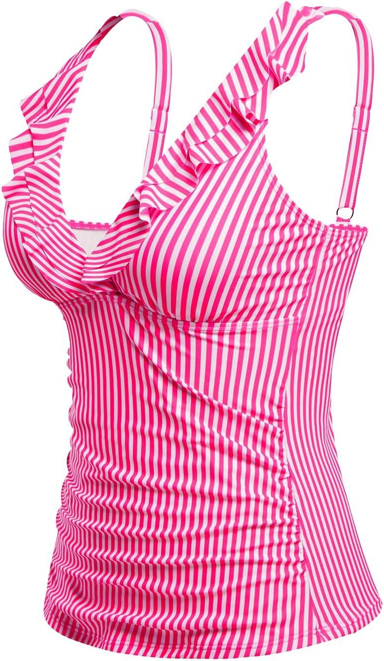 imageYonique Womens Tankini Top Only Tummy Control Bathing Suit Top Ruffle Swimsuit Top V Neck Swim Tank Top No BottomPink White Striped