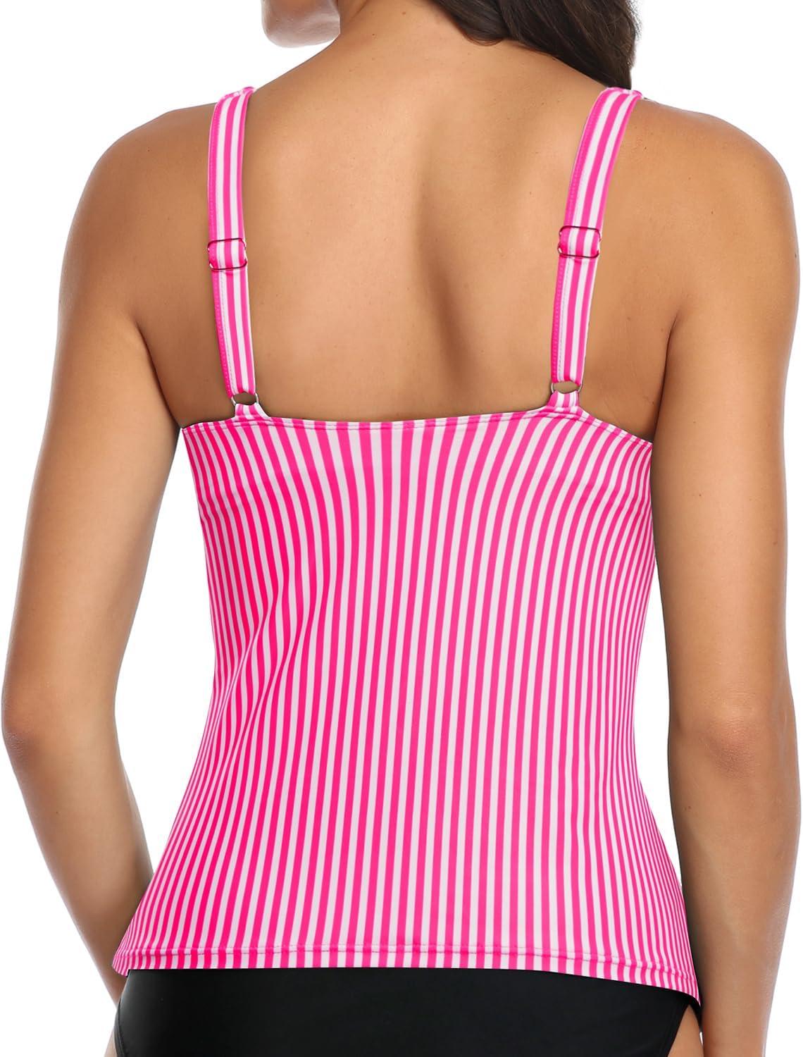 imageYonique Womens Tankini Top Only Tummy Control Bathing Suit Top Ruffle Swimsuit Top V Neck Swim Tank Top No BottomPink White Striped
