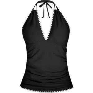 imageYonique Womens Halter Tankini Top V Neck Swim Top Tummy Control Bathing SuitBlack 02