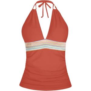 imageYonique Womens Halter Tankini Top V Neck Swim Top Tummy Control Bathing SuitBrick Red