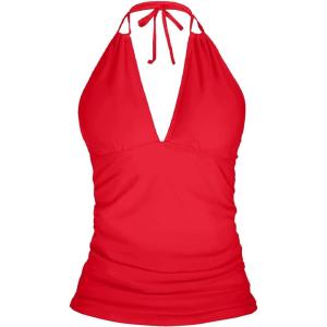 imageYonique Womens Halter Tankini Top V Neck Swim Top Tummy Control Bathing SuitChili Red