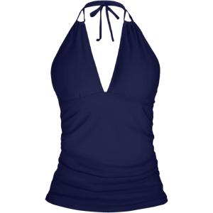 imageYonique Womens Halter Tankini Top V Neck Swim Top Tummy Control Bathing SuitNavy Blue