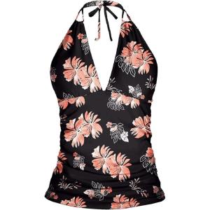 imageYonique Womens Halter Tankini Top V Neck Swim Top Tummy Control Bathing SuitOrange Pink Floral