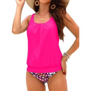 imageYonique Blouson Tankini Swimsuits for Women Loose Fit Modest Two Piece Bathing SuitsColorful Leopard