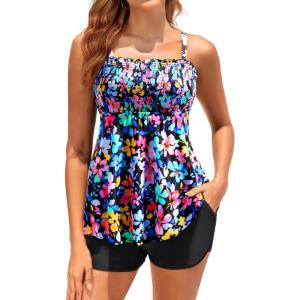 imageYonique Flowy Tankini with Shorts  Tummy Control Two Piece Swimsuit with Pockets Smocked Bandeau Bathing Suit 2026 SwimwearColorful Floral
